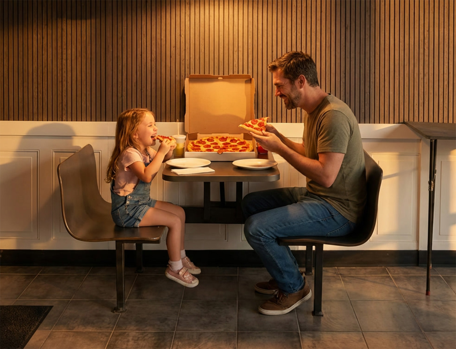 Pops Pizza Eating at Table Crop